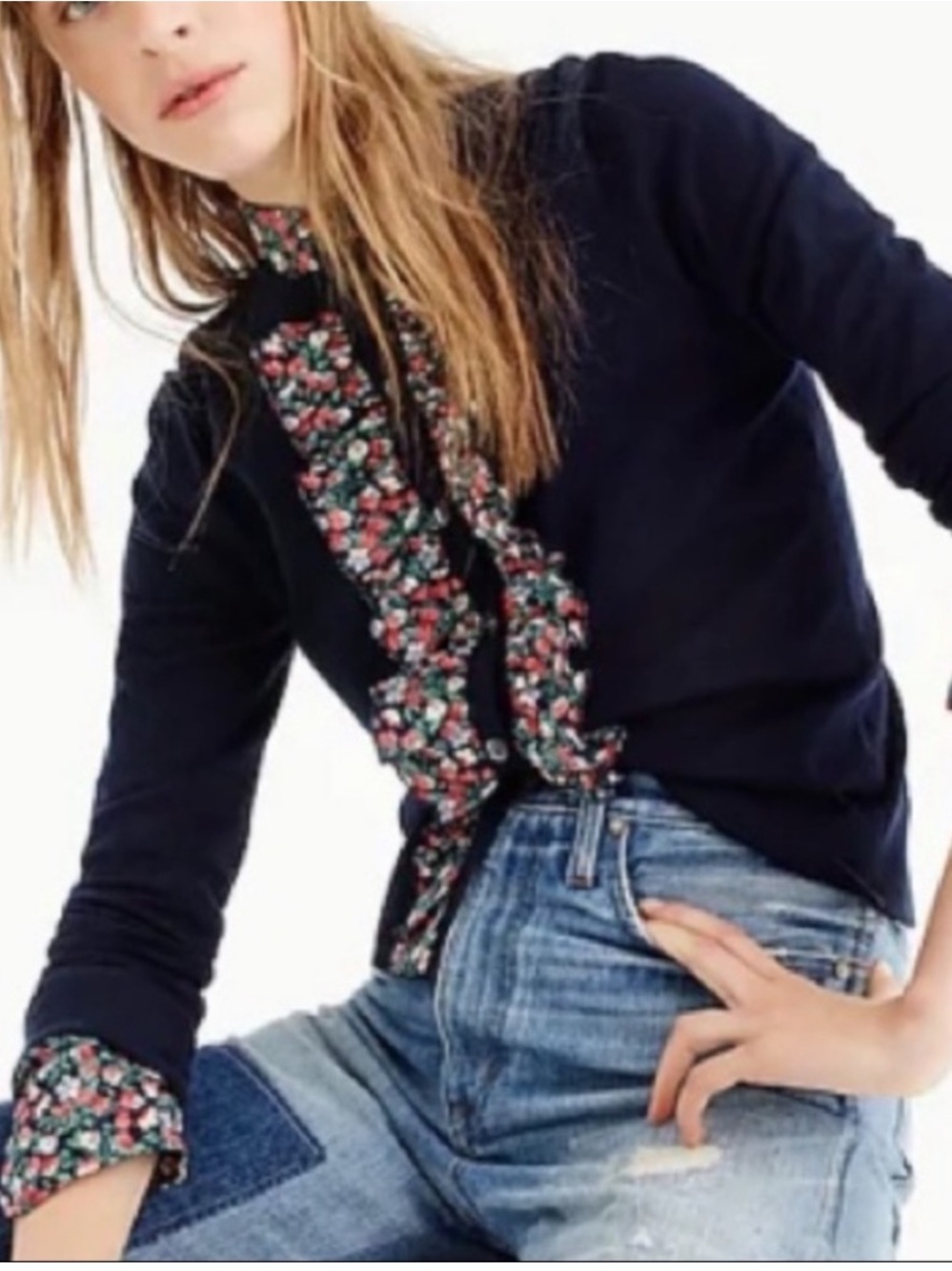 J. Crew Jackie Navy Cardigan with Liberty Floral Ruffle Front S